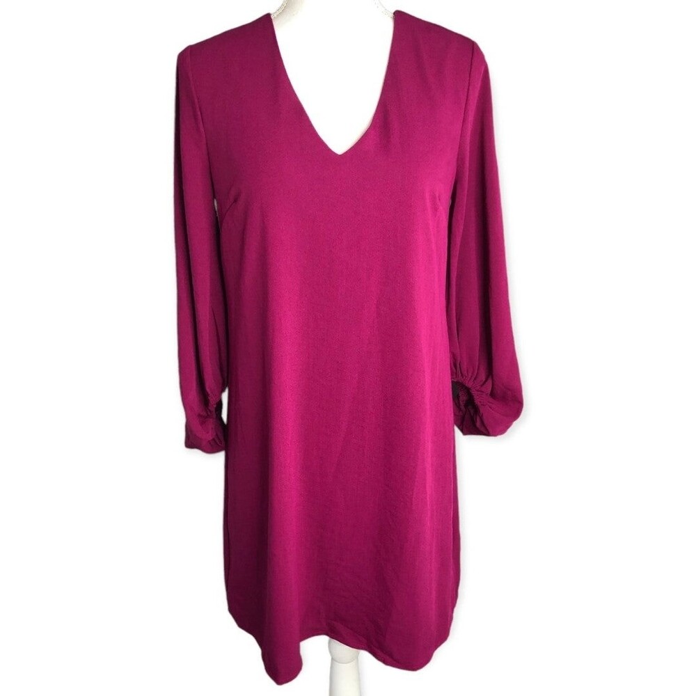 Everly Magenta V-neck Ruched Sleeve Shift Knee Length Dress